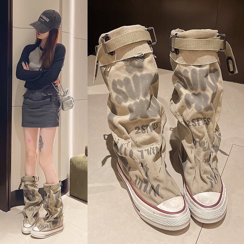 Graffiti High Top Canvas Shoes Women's Spring Wide Mid 2024 New Trouser Barrel Stacking Boots dh911125171