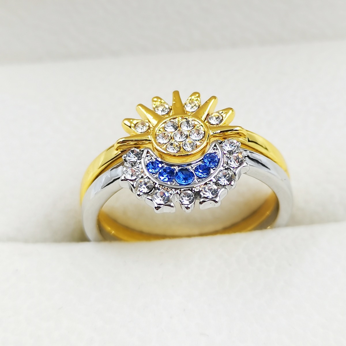 Simple sparkling sun moon blue diamond stacking celestial couple ring set with free shipping