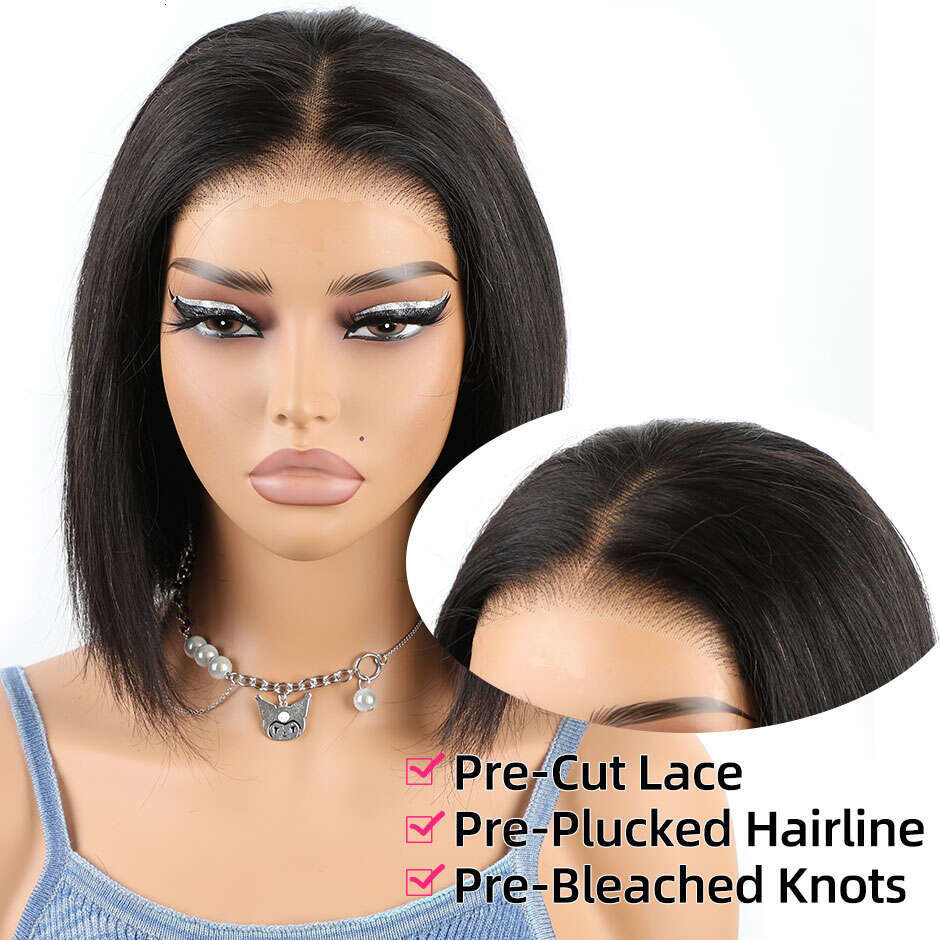Pre-Bleached Knots Glueless Wig Ready To Straight Pre-plucked Human Hair Bob Pre-cut HD Lace Wear Go Wigs