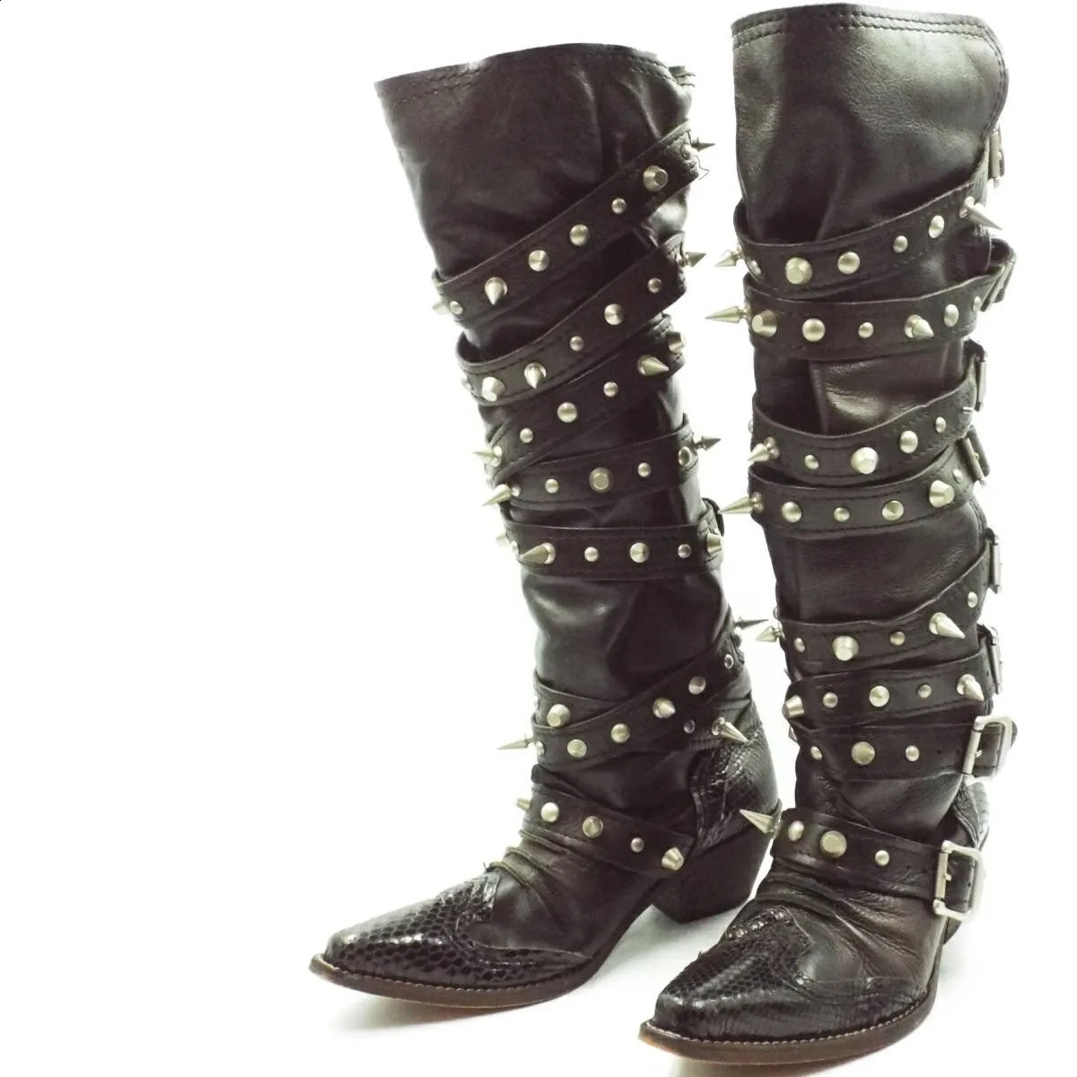 High quality punk y2k Gothic retro motorcycle womens Western style boots black rivet knee high boots 240919
