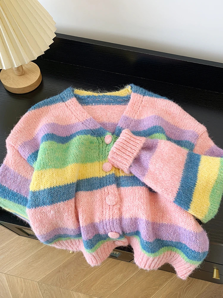 Rainbow Striped Chic V-Neck Knitted Cardigan Womens Long Sleeve Sweater Korean Fashion Short Coat Autumn Winter 240912