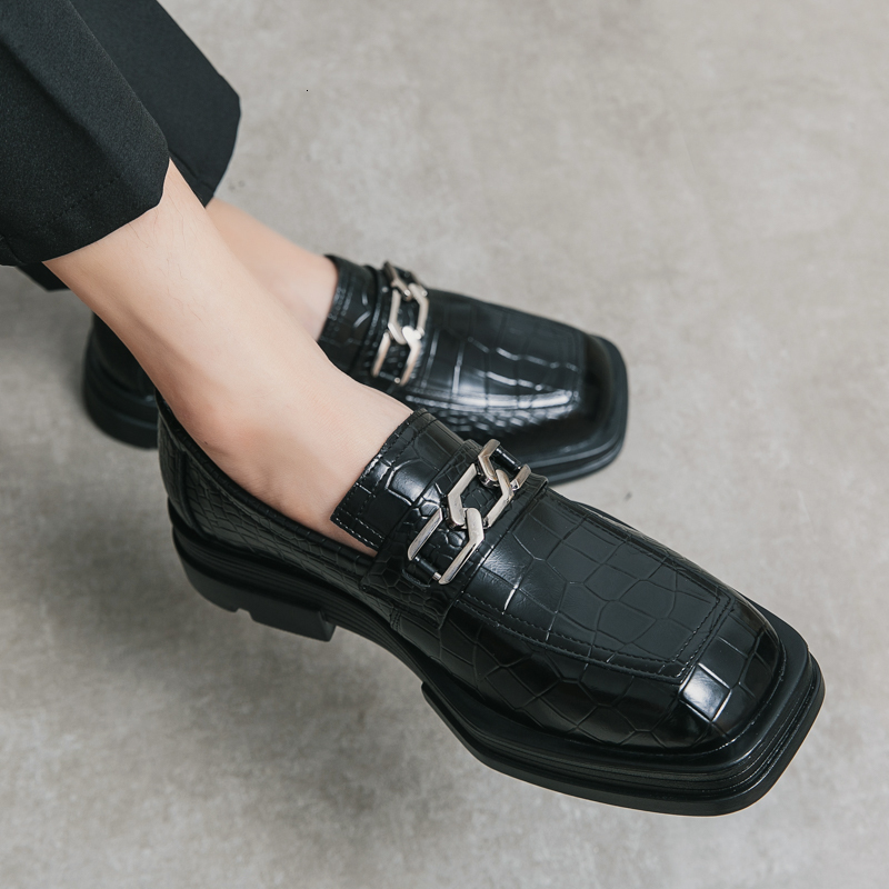 2024 Italy Black Leather Slip-On Oxford Dress Men Square Head Footwear Casual Party Shoes Thick Bottom Loafers