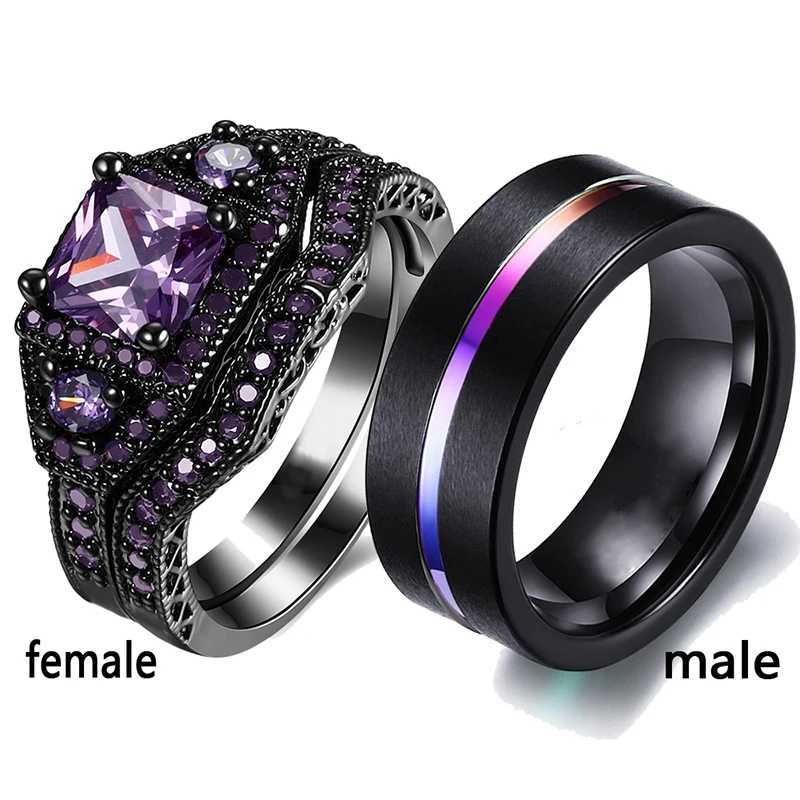 Fashion Black Couple Ring Purple Zircon Bow Women Ring Simple Stainless Steel Men Black Ring Jewelry Engagement Lover GiftX240921