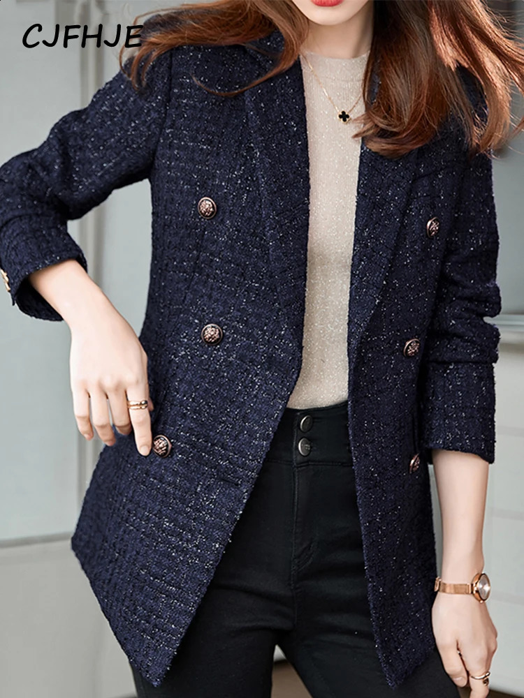CJFHJE Navy Blue Winter Tweed Blazers Coat Women Thick Warm Long Sleeve Button Elegant Lady Jacket Coat Double-Breasted Overcoat 240911