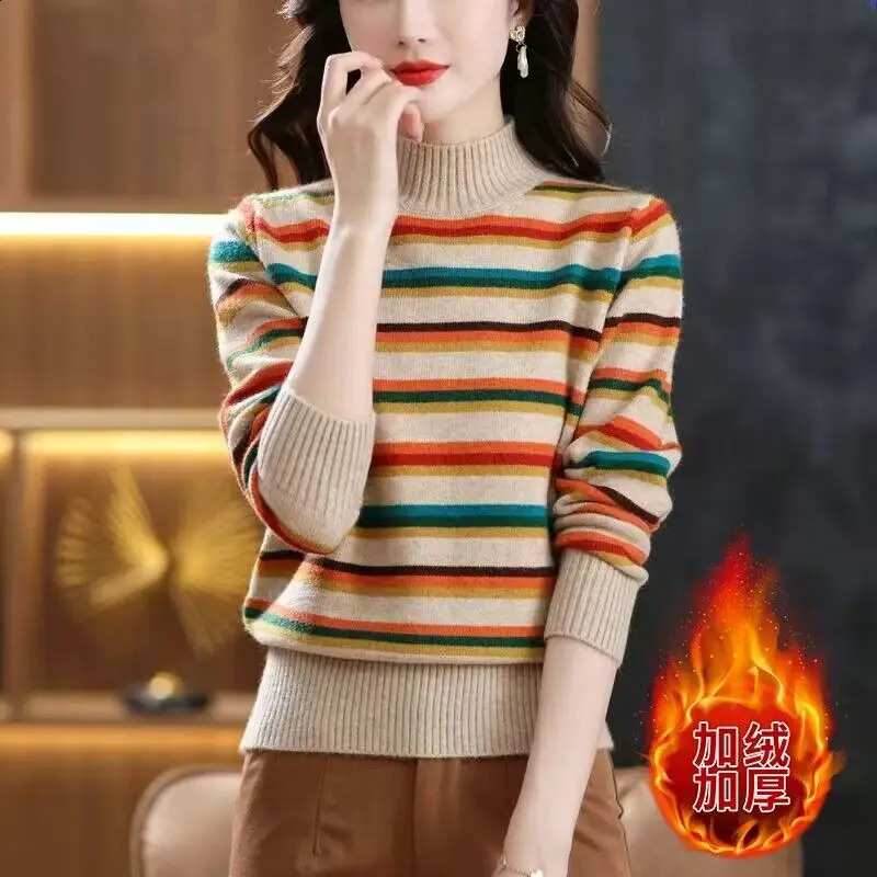 Lion Mountain Rainbow Winter Womens Half High Collar Long Sleeve Striped Sweater Colored and Velvet Fit Comfortable Top 240912