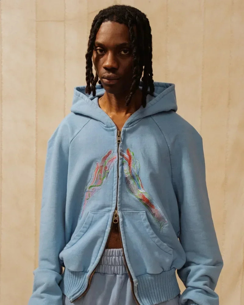 American Fashion Trend Pattern Embroidery Zipper Hoodie Men Y2K Street Hip Hop Retro Fleece Padded Sweatshirt Unisex Hooded 240913