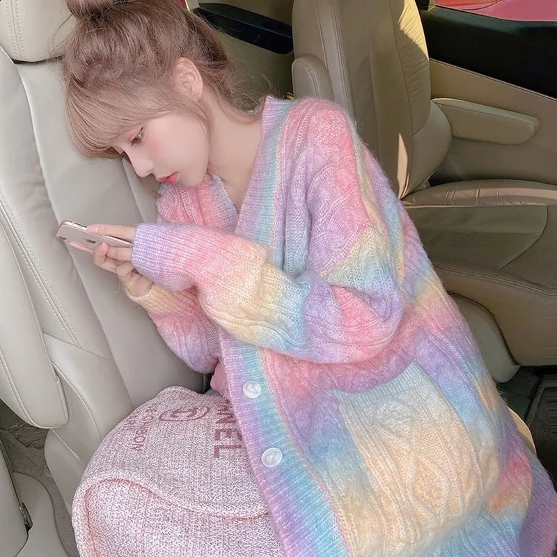 Rainbow Knitted Cardigan Women Autumn winter Sweet Kawaii Sweater Coat Female Long Korean Button Down Cardigan Fall Women 240912