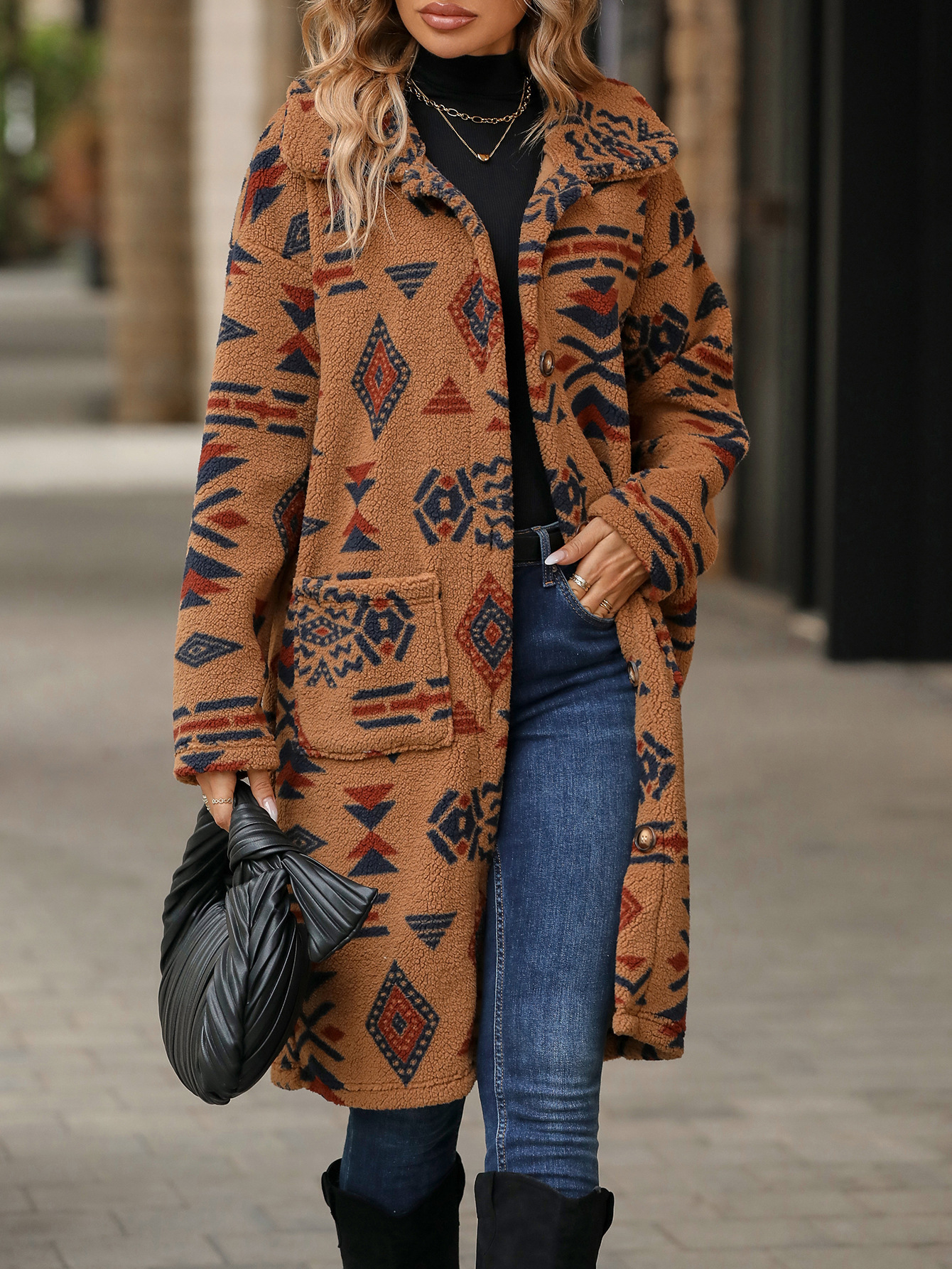 Velvet Autumn/winter New Womens Single Breasted Ethnic Style Printed Plush Long Coat Jacket