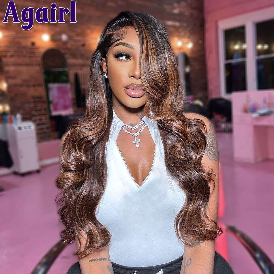 Highlight Brown Blonde 100% Human Hair Wigs 13x6 Transparent Frontal Pre Plucked Ready Go 13x4 Body Wave Lace Front Wig