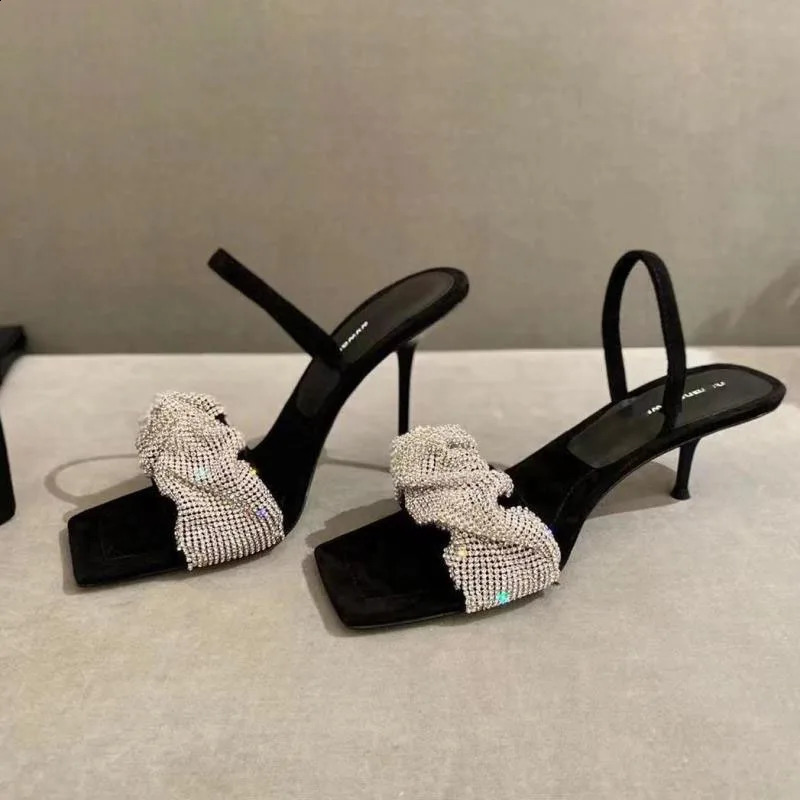 Ladies Open Toe Sandals Elegant High Heels Party Shoes Quality Square Diamond Fine High Heels 240921