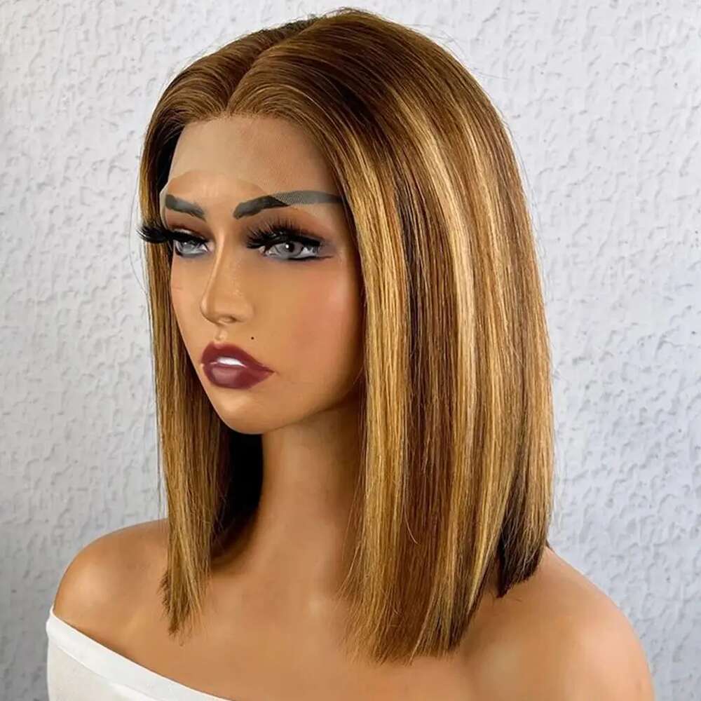 Highlight Ombre Wig Straight 4/27 Honey Blonde Human Hair 13x4 Lace Front Wigs Short Bob