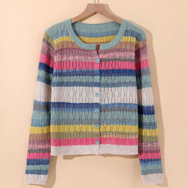 Multi-Color Rainbow Striped V-Neck Knit Chic Long Sleeve Womens Cardigan Single Breasted Sweater Cardigan For Women Clothing 240912