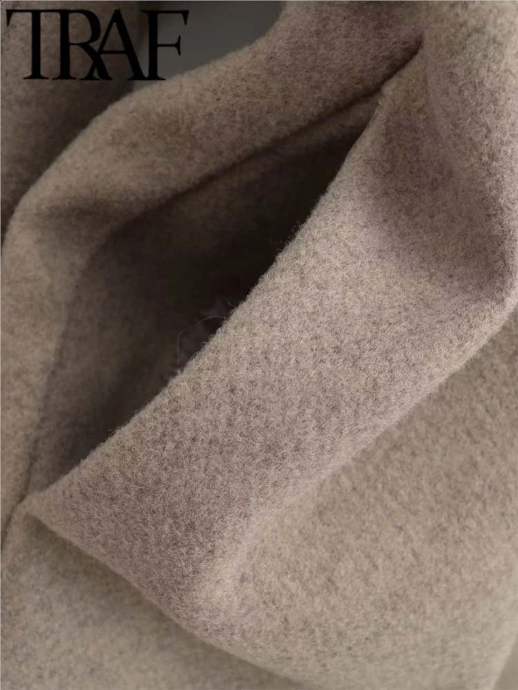TRAF GAL 2024 Winter Women Woolen Coat Stand Collar Double Breasted Loose Jacket Female Office Long Sleeve Overcoat Grey y2k 240913