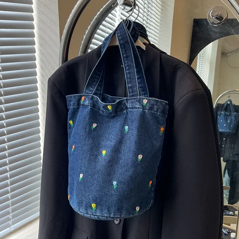 Versatile Denim Bag Designer Embroidery Fashionable Women's TLXT Shoulder Bag Large Capacity Bucket Bag Handbag for Women