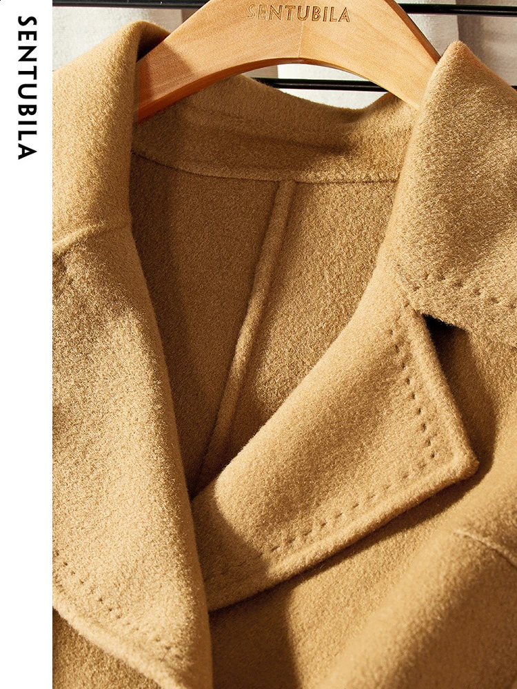 SENTUBILA Women 100% Wool Long Coat Elegant Notched Belted Straight-Cut Warm Double Faced Woolen Winter Overcoat W24o433 240912