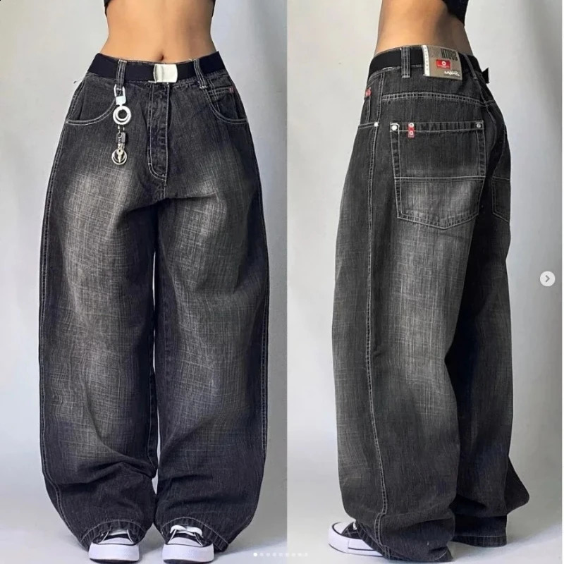 American Harajuku Retro Washed Black Baggy Jeans Men And Women Y2K Street Fashion Leisure Gothic High Waisted Wide Leg Trousers 240911