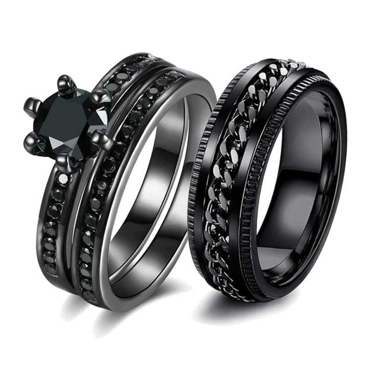 Fashion Couple Rings Exquisite Women Black Rhinestones Zirconia Rings Set Simple Men Stainless Steel Chain Rings Wedding JewelryX240921