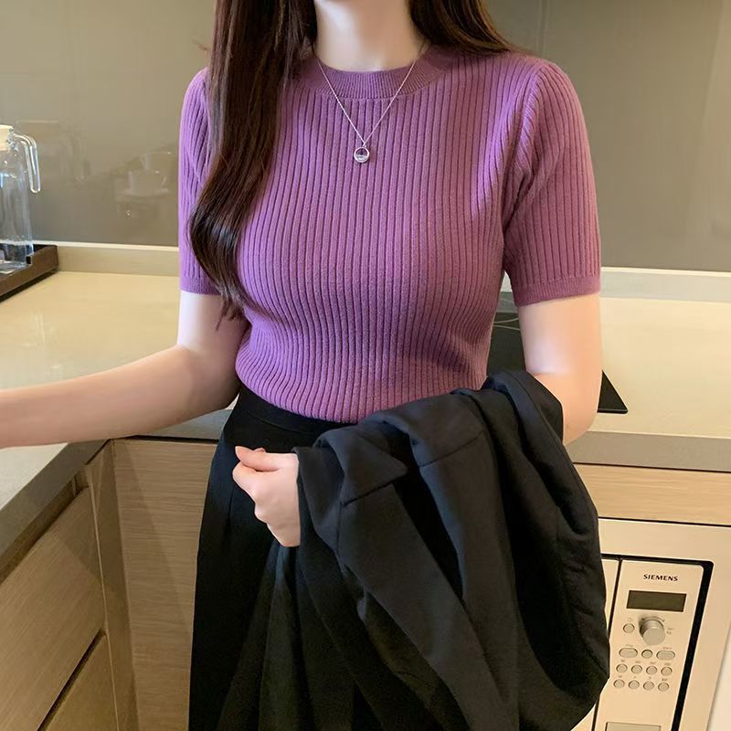 Summer new pullover solid color designer T-shirt women's fashion slim Western short-sleeved sweater