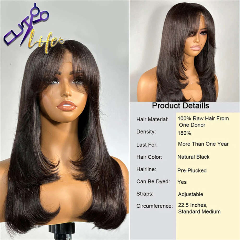 Wear To Go Inspired Layers With Curtain Bang Light Yaki 4x4 Lace Closure Glueless Human Hair Wigs For Black Women 34 Inches