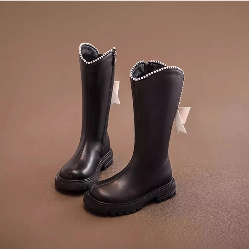 Childrens shoes girls soft soled cotton shoes winter long leather boots pearl edged princess boots Marys bow mid length boots Chaussure 240918