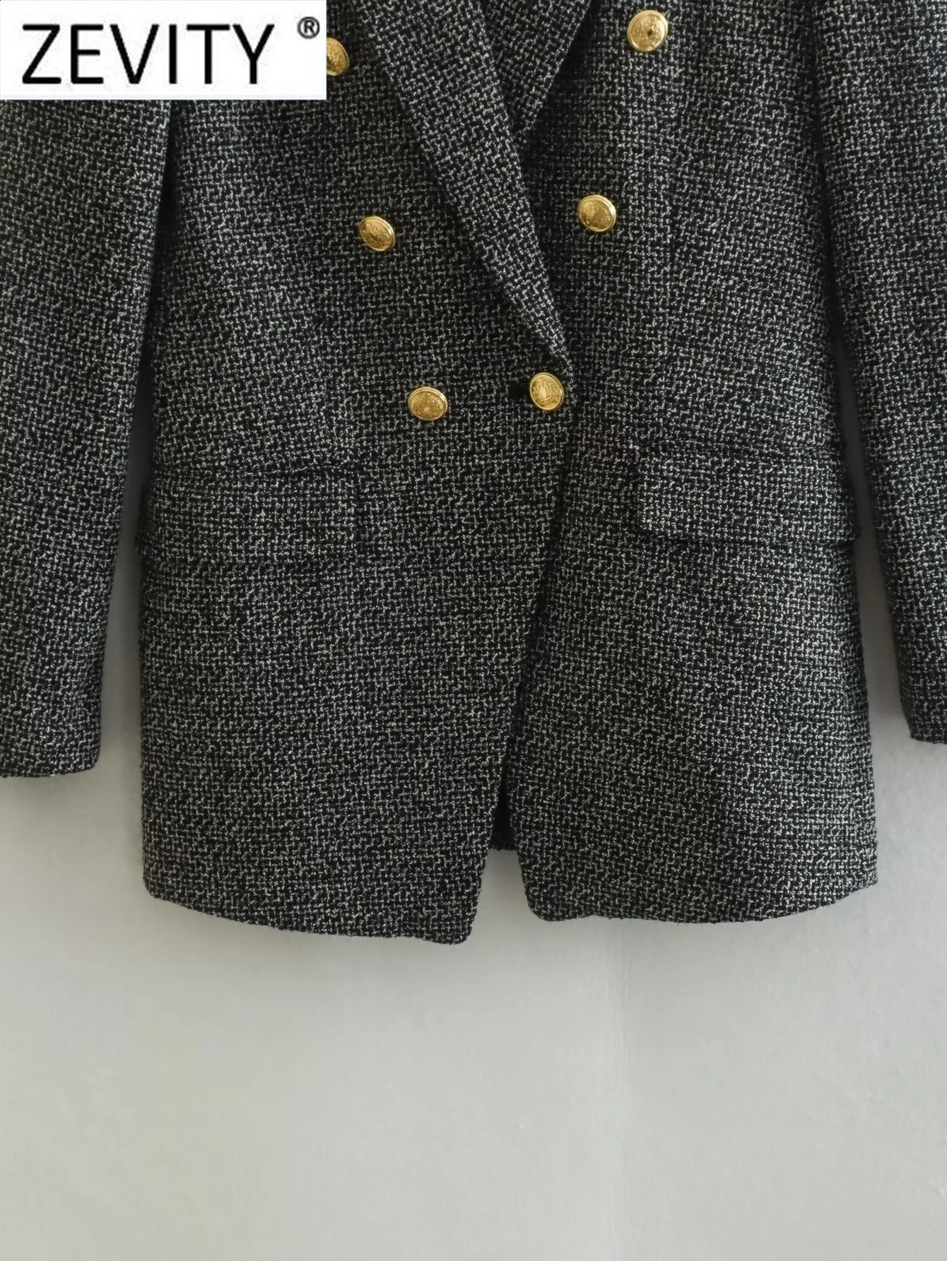 ZEVITY Women Vintage Notched Collar Houndstooth Pattern Tweed Woolen Blazer Coat Female Outerwear Chic Suits Veste Tops CT2994 240911