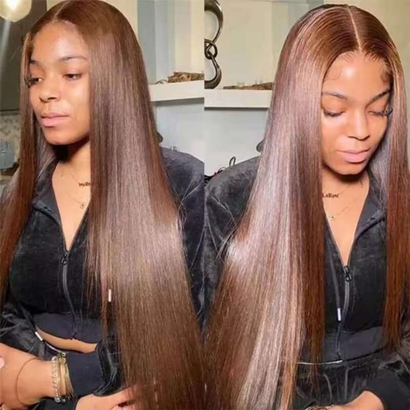Glueless 100% #4 Chocolate Brown Ready To Wear Straight 4x4 Lace Front Human Hair Wig Colored Wigs For Women