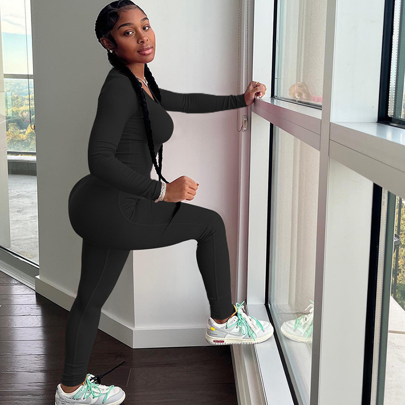 2Pcs Solid Color Yoga Workout Set Long Sleeve Round Neck Top & High Stretch Running Sports Leggings Suit Women's Activewear