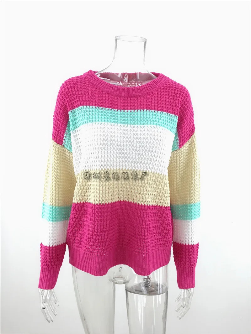Autumn and winter large size loose knitted sweater temperament fashion pullover striped rainbow sweater women 240912