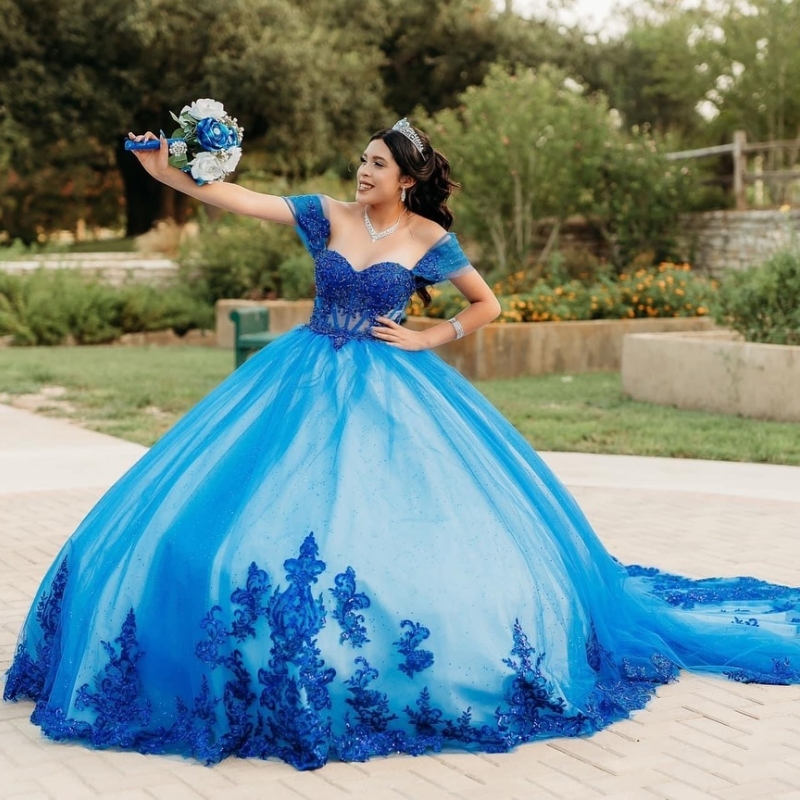 Blue Princess Quinceanera Dresses Lace Appliques Sequins Sweet 16 Dress Party Dresses Birthday Ball Gown Vestidos 15 De Anos Quinceanera