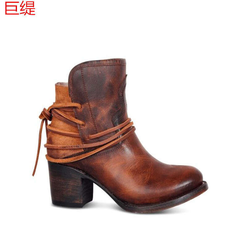 Autumn Vintage Women Chunky Heels Lace-up Booties Heeled Ankle Boots Botas De Mujer