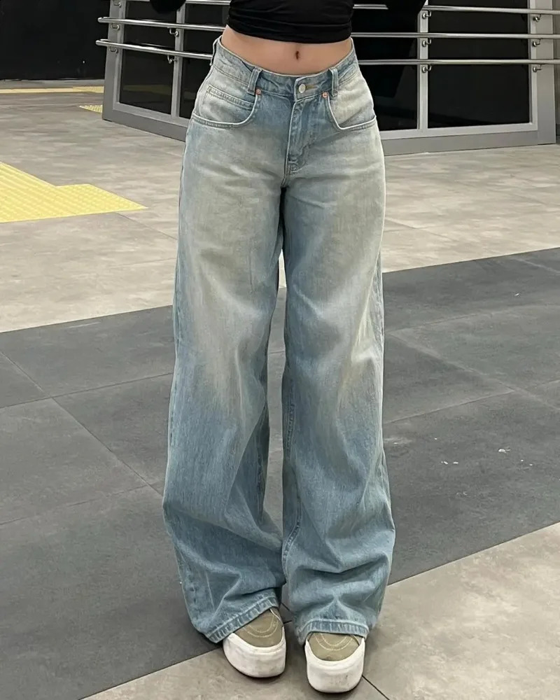 Retro Fashion High Waist Blue Laundry Old Jeans Womens Y2K Harajuku Luggage Straight Pants Casual Wide Leg 240921