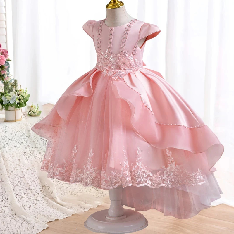 Girls pearl birthday bead flower tail fluffy dress 4-12-year-old girl embroidery sequin wedding girl princess dress 240920