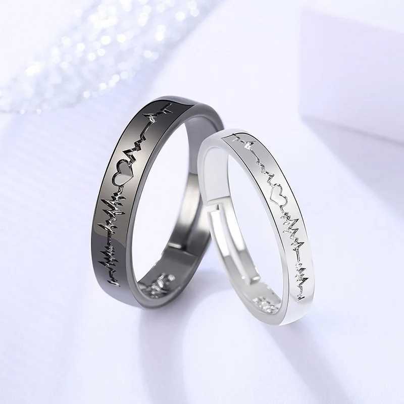 2Pcs Love Heart Electrocardiogram Couple Open Rings For Women Men Lover Black Silver Color Engagement Wedding ValentineDay GiftX240921