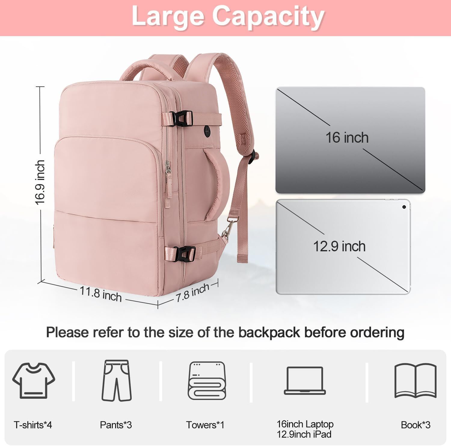 Women, Flight Approved Carry On Backpack with USB Charging Hole, Lightweight Travel Bag, Waterproof Causal Bookbag for College, Travel, Work