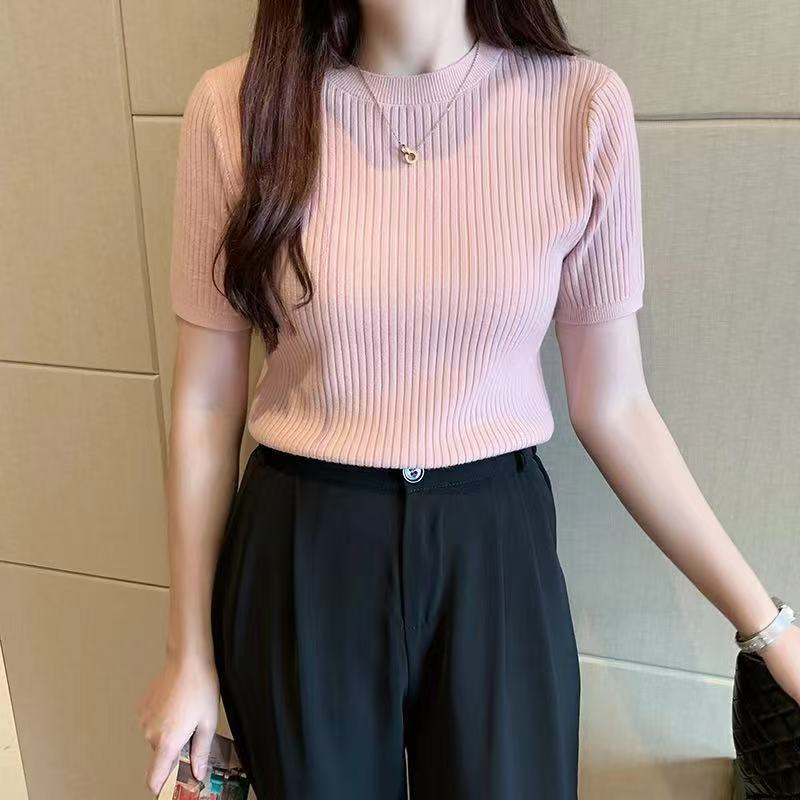 Summer new pullover solid color designer T-shirt women's fashion slim Western short-sleeved sweater