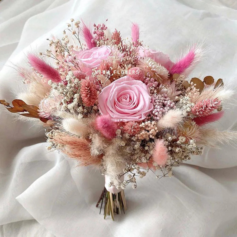 Dry Pampas Grass Wedding Bouquet Bridal Rose Artificial Boho Home Decoration 240919