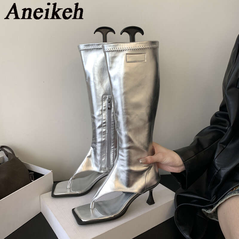 Aneikeh 2024 Sexy PU Square Head Clip Toe Sandals Women's Thin Heel Side Zipper Sewing Knee High Boots Party Ball