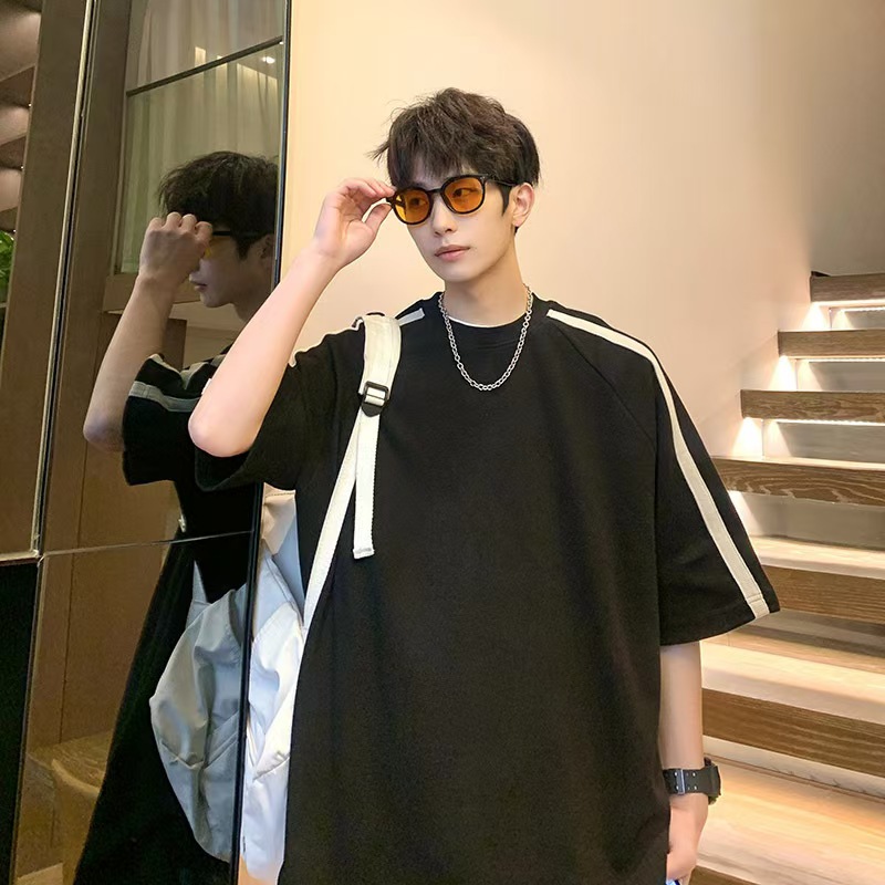 American heavy striped T-shirt men's trend 7-point sleeve short sleeve loose half sleeve