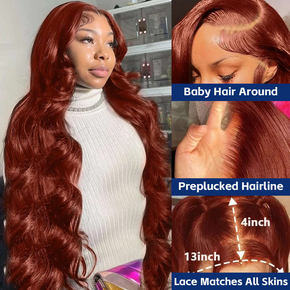 30 38Inch 13x6 HD Transparent Reddish Brown Front Human Hair Wigs Colored 250% Body Wave 13x4 Lace Frontal Wig Brazilian