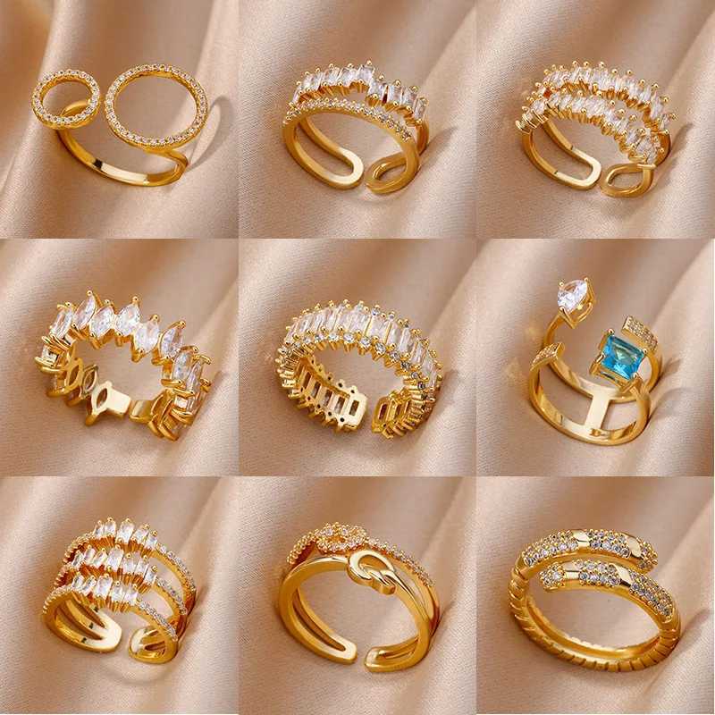 Multilayer female Rings Gold Color copper zircon light luxury Rings for Women Fashion Waterproof Couple Jewelry Gift AccessoriesX240921