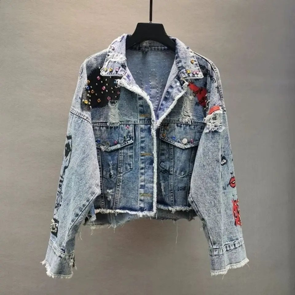 womens denim jacket spring graffiti rivet 240921