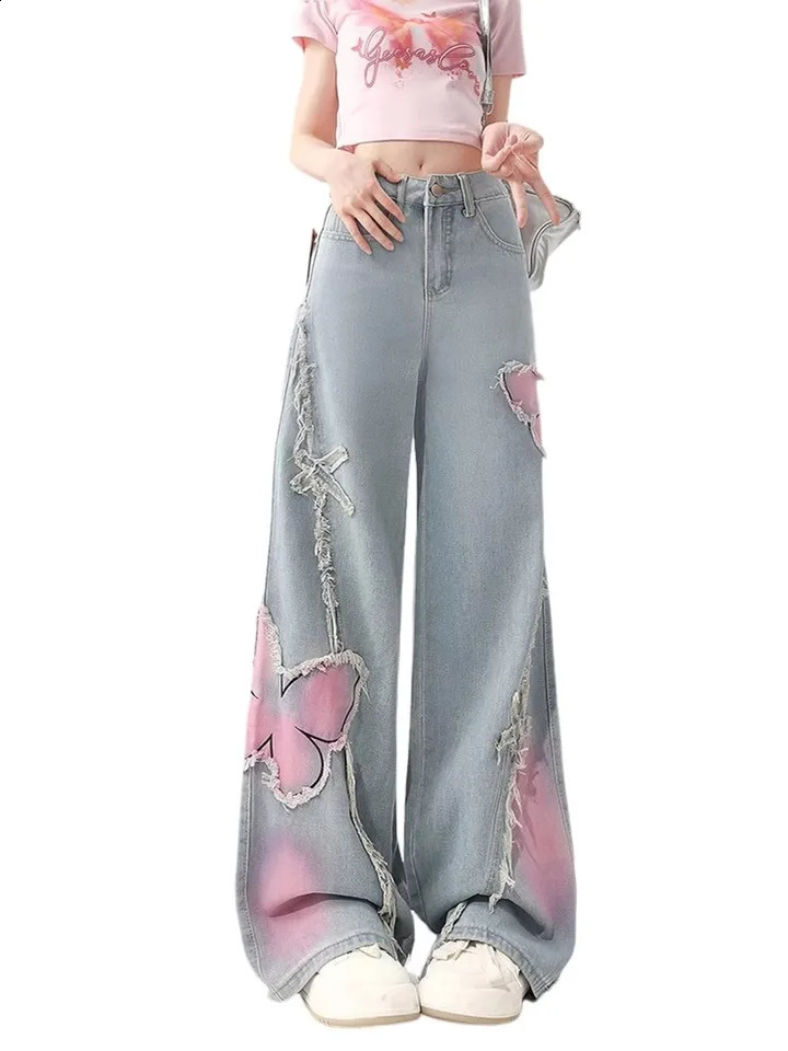 WCFCX STUDIO Womens Black Pocket Jeans Harajuku Y2k Aesthetic Butterfly Denim Korean Retro Wide Leg 240921