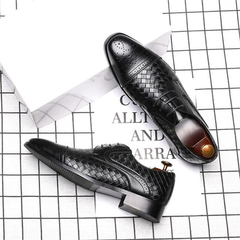 Men's Woven Leather Dress Mens Classic Vintage Derby Brogue Men Lace-Up Business Office Party Wedding Shoes