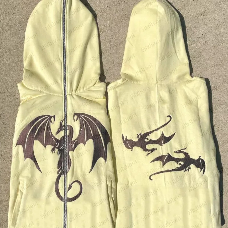 Grunge Jacket Y2K Clothes Zip Hoodie Hip Hop Streetwear Men Sweatshirt Dragon Embroidery Pattern Goth Harajuku Women Coat 240921