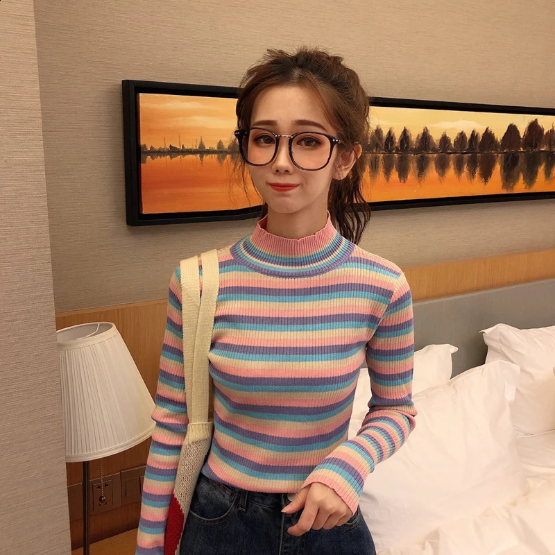 Winter Rainbow Knitted Women Sweaters And Long Sleeve Turtleneck Casual Pullovers Sueter Mujer Tops Korean Striped Acrylic Jumpe 240912