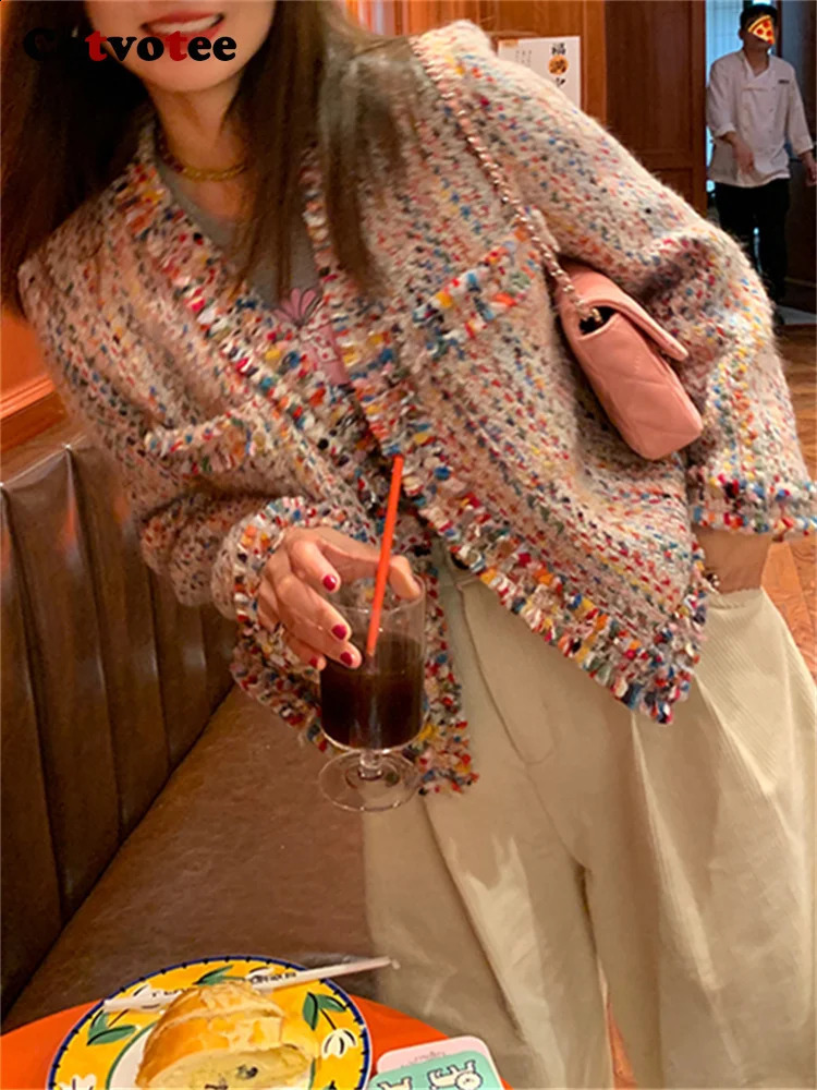 Cotvotee Rainbow Wool Coat Women 2024 Spring Autumn Fashion Long Sleeve Jackets Vintage V Neck Open Stitch Casual Chic Coats 240918