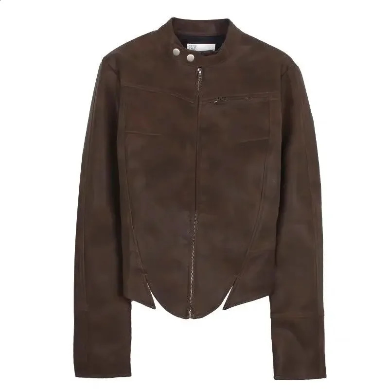 Brown Vintage Racing Suit Short PU Leather Jacket Spring And Autumn Zipper Leather Jacket Winter Clothes Women 240921