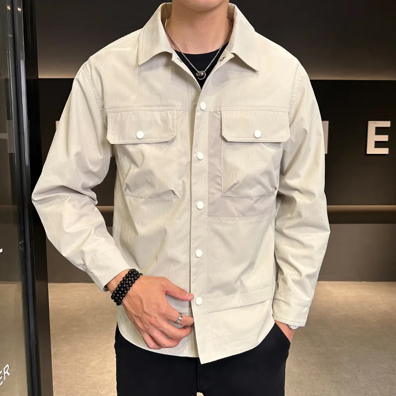 Spring and Autumn Mens Thin Work Jacket Casual Button Down Multi Pocket Bomber Solid Color 240921