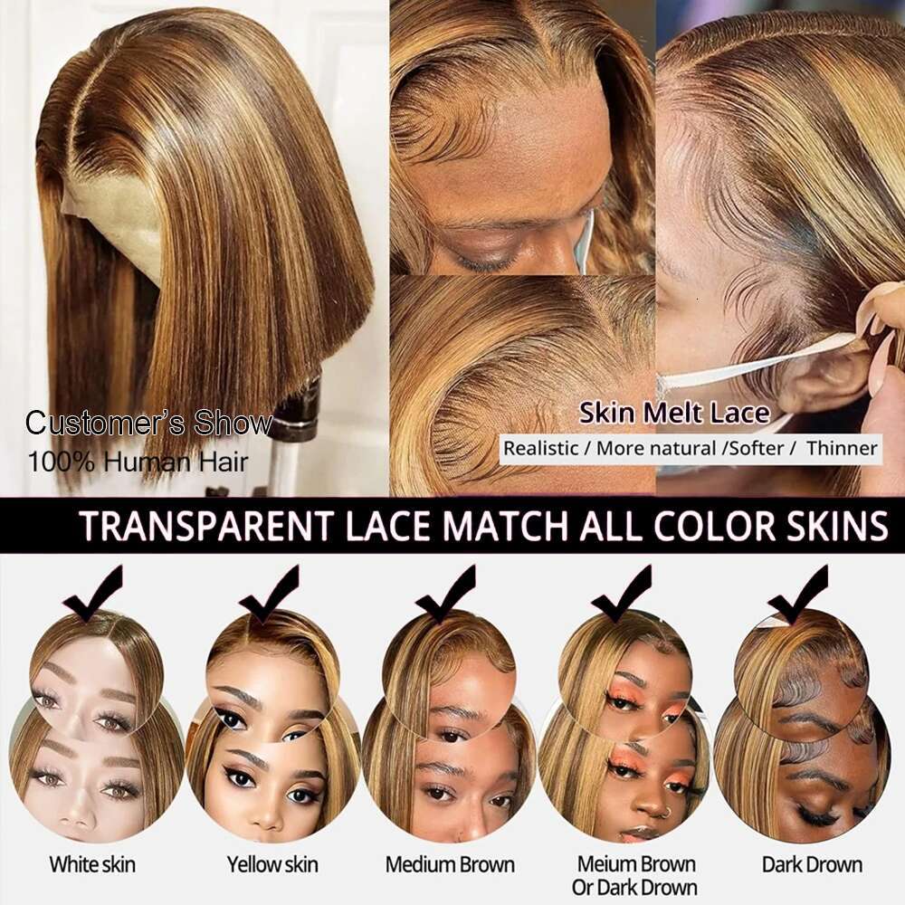 Highlight Ombre Wig Straight 4/27 Honey Blonde Human Hair 13x4 Lace Front Wigs Short Bob