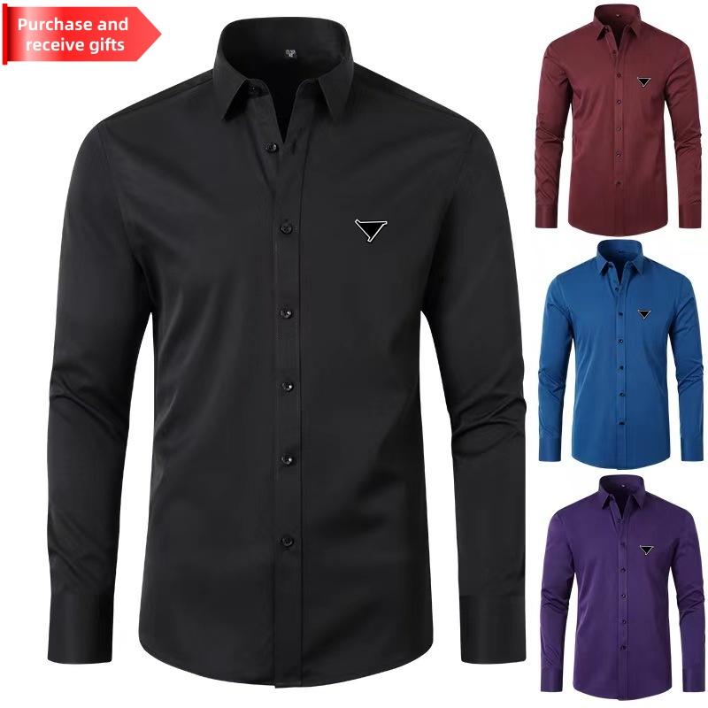 Designer men's shirt, long sleeved square neck shirt, elastic solid color embroidered business casual T shirt, must-have for stylish men
